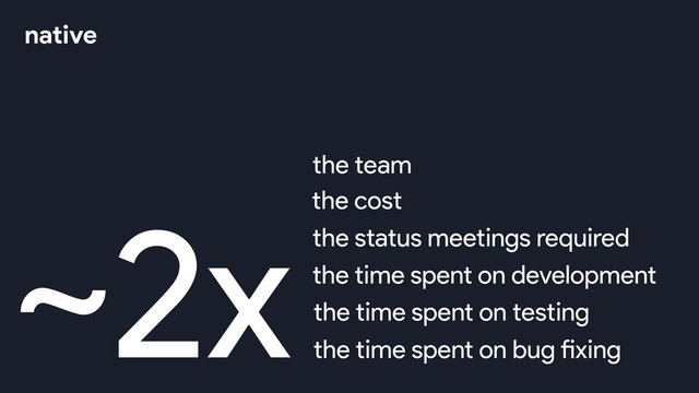 ~2xthe team
the cost
the status meetings required
the time spent on development
the time spent on testing
native
the time spent on bug fixing
