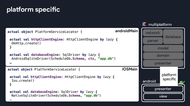 platform specific
actual object PlatformServiceLocator {
actual val httpClientEngine: HttpClientEngine by lazy {
OkHttp.create()
}
actual val databaseEngine: SqlDriver by lazy {
AndroidSqliteDriver(ScheduleDb.Schema, ctx, “app.db")
…
androidMain
actual object PlatformServiceLocator {
actual val httpClientEngine: HttpClientEngine by lazy {
Ios.create()
}
actual val databaseEngine: SqlDriver by lazy {
NativeSqliteDriver(ScheduleDb.Schema, “app.db")
…
iOSMain
multiplatform
network
database
android
parser
view
platform
specific
presenter
presenter
domain
model
