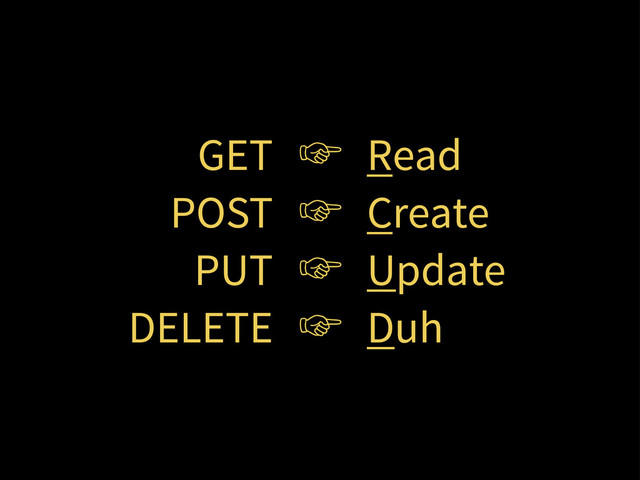 GET ‛ Read
POST ‛ Create
PUT ‛ Update
DELETE ‛ Duh
