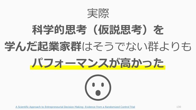 A Scientific Approach to Entrepreneurial Decision Making: Evidence from a Randomized Control Trial 130
実際
科学的思考（仮説思考）を
学んだ起業家群はそうでない群よりも
パフォーマンスが高かった
😮
