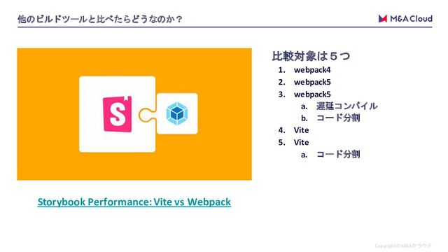 Copyright© M&Aクラウド
他のビルドツールと比べたらどうなのか？
Storybook Performance: Vite vs Webpack
比較対象は５つ
1. webpack4
2. webpack5
3. webpack5
a. 遅延コンパイル
b. コード分割
4. Vite
5. Vite
a. コード分割
