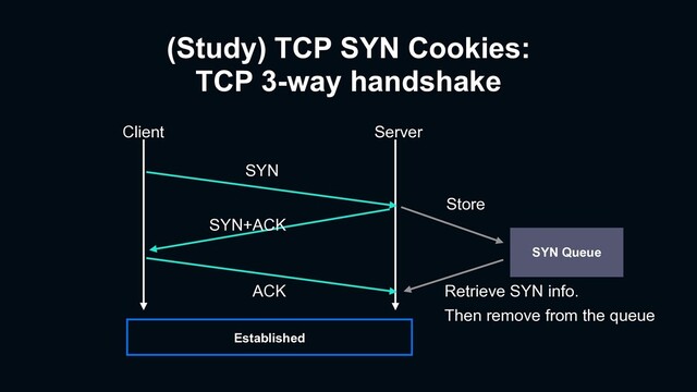 (Study) TCP SYN Cookies:
TCP 3-way handshake
Client Server
SYN
SYN+ACK
ACK
SYN Queue
Store
Retrieve SYN info.
Then remove from the queue
Established
