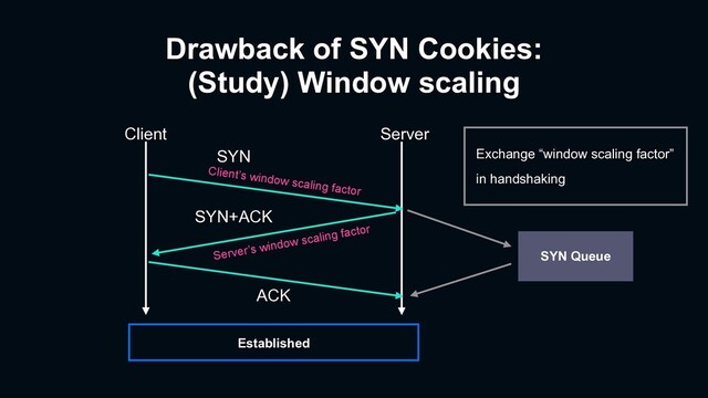 Drawback of SYN Cookies:
(Study) Window scaling
Client Server
SYN+ACK
ACK
SYN Queue
Established
SYN
Client’s window scaling factor
Server’s window scaling factor
Exchange “window scaling factor”
in handshaking
