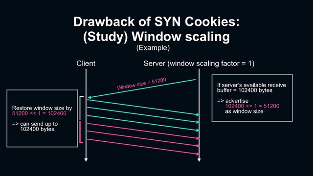 Drawback of SYN Cookies:
(Study) Window scaling
Client Server (window scaling factor = 1)
If server’s available receive
buffer = 102400 bytes
=> advertise
102400 >> 1 = 51200
as window size
(Example)
Window size = 51200
Restore window size by
51200 << 1 = 102400
=> can send up to
102400 bytes
