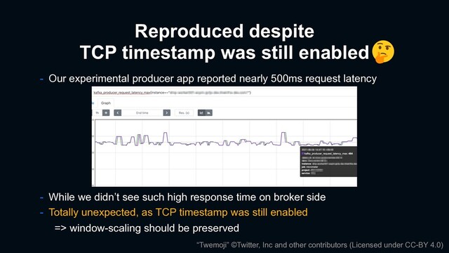 Reproduced despite
TCP timestamp was still enabled
- Our experimental producer app reported nearly 500ms request latency
- While we didn’t see such high response time on broker side
- Totally unexpected, as TCP timestamp was still enabled
=> window-scaling should be preserved
“Twemoji” ©Twitter, Inc and other contributors (Licensed under CC-BY 4.0)
