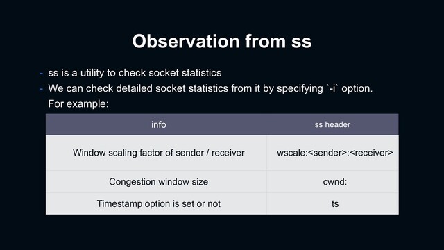 Observation from ss
- ss is a utility to check socket statistics
- We can check detailed socket statistics from it by specifying `-i` option.
For example:
info ss header
Window scaling factor of sender / receiver wscale::
Congestion window size cwnd:
Timestamp option is set or not ts
