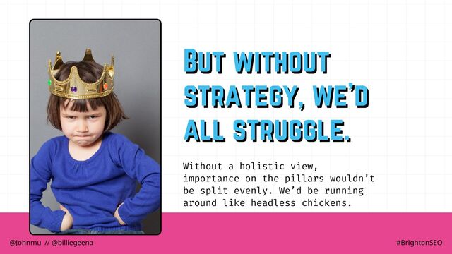 Without a holistic view,
importance on the pillars wouldn’t
be split evenly. We’d be running
around like headless chickens.
But without
But without
strategy, we’d
strategy, we’d
all struggle.
all struggle.
@Johnmu // @billiegeena #BrightonSEO

