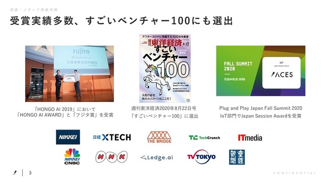 3 C O N F I D E N T I A L
受賞実績多数、すごいベンチャー100にも選出
Plug and Play Japan Fall Summit 2020
IoT部⾨でJapan Session Awardを受賞
週刊東洋経済2020年8⽉22⽇号
「すごいベンチャー100」に選出
「HONGO AI 2019」において
「HONGO AI AWARD」と「フジタ賞」を受賞
受 賞 ・ メ デ ィ ア 掲 載 実 績
