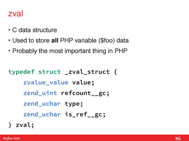 Proprietary and Confidential
• C data structure!
• Used to store all PHP variable ($foo) data!
• Probably the most important thing in PHP!
!
typedef struct _zval_struct {
zvalue_value value;
zend_uint refcount__gc;
zend_uchar type;
zend_uchar is_ref__gc;
} zval;
zval
