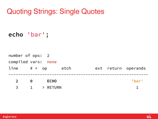Proprietary and Confidential
Quoting Strings: Single Quotes
number of ops: 2
compiled vars: none
line # * op etch ext return operands
----------------------------------------------------------
2 0 ECHO 'bar'
3 1 > RETURN 1
echo 'bar';
