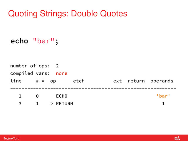 Proprietary and Confidential
Quoting Strings: Double Quotes
echo "bar";
number of ops: 2
compiled vars: none
line # * op etch ext return operands
----------------------------------------------------------
2 0 ECHO 'bar'
3 1 > RETURN 1
