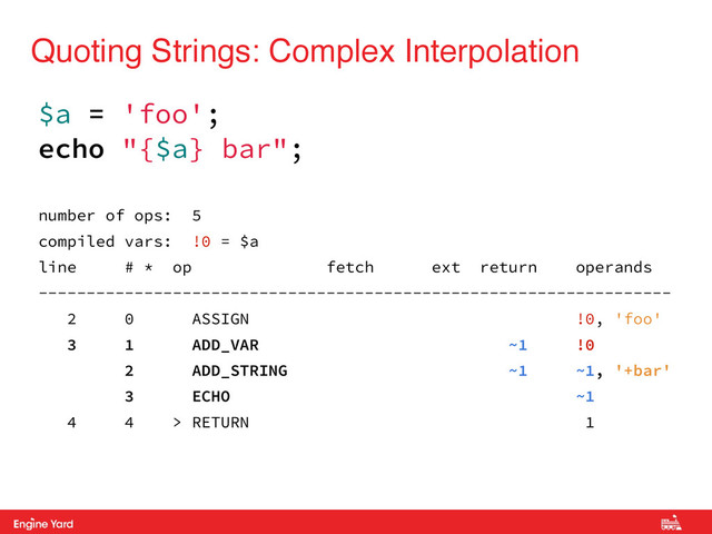 Proprietary and Confidential
Quoting Strings: Complex Interpolation
$a = 'foo';
echo "{$a} bar";
number of ops: 5
compiled vars: !0 = $a
line # * op fetch ext return operands
------------------------------------------------------------------
2 0 ASSIGN !0, 'foo'
3 1 ADD_VAR ~1 !0
2 ADD_STRING ~1 ~1, '+bar'
3 ECHO ~1
4 4 > RETURN 1
