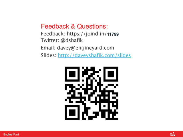 Proprietary and Confidential
Feedback & Questions: !
Feedback: https://joind.in/ 
Twitter: @dshafik
Email: davey@engineyard.com
Slides: http://daveyshafik.com/slides
11799
