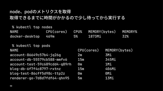 OPEFյQPEסْعٛؠت؅⹦䐂
⹦䐂ך׀׾ױךמ侇ꝴֿ־־׾סך㵼׊䏨זי־׼㲔车׌׾
% kubectl top nodes
NAME CPU(cores) CPU% MEMORY(bytes) MEMORY%
docker-desktop 469m 5% 1873Mi 32%
% kubectl top pods
NAME CPU(cores) MEMORY(bytes)
account-86649c57b4-jq26g 2m 3Mi
account-db-55579cb588-mmfv6 15m 345Mi
account-test-59c689cdd4-q89rh 0m 1Mi
blog-db-6f7f4c8797-rxtnz 15m 406Mi
blog-test-86cff5d98c-ttp2z 0m 0Mi
renderer-go-7d8d7fdf64-qhn95 5m 13Mi

