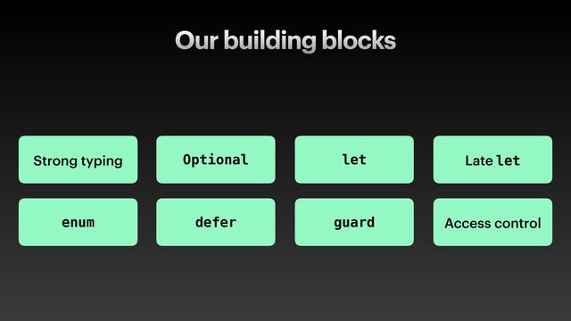 Our building blocks
Optional let
enum
Late let
defer guard
Strong typing
Access control
