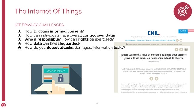 IOT PRIVACY CHALLENGES
★ How to obtain informed consent?
★ How can individuals have overall control over data?
★ Who is responsible? How can rights be exercised?
★ How data can be safeguarded?
★ How do you detect attacks, damages, information leaks?
The Internet Of Things
14
