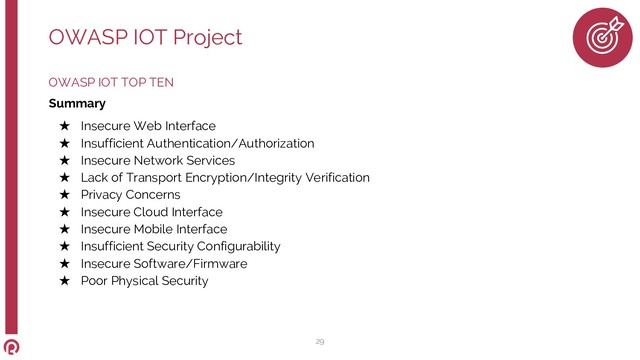 OWASP IOT TOP TEN
Summary
★ Insecure Web Interface
★ Insufficient Authentication/Authorization
★ Insecure Network Services
★ Lack of Transport Encryption/Integrity Verification
★ Privacy Concerns
★ Insecure Cloud Interface
★ Insecure Mobile Interface
★ Insufficient Security Configurability
★ Insecure Software/Firmware
★ Poor Physical Security
OWASP IOT Project
29
