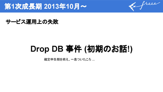 第1次成長期 2013年10月〜
サービス運用上の失敗
Drop DB 事件 (初期のお話!)
確定申告期を終え、一息ついたころ ...
