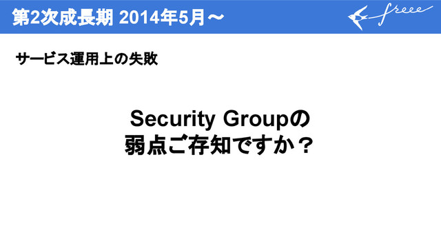 第2次成長期 2014年5月〜
サービス運用上の失敗
Security Groupの
弱点ご存知ですか？
