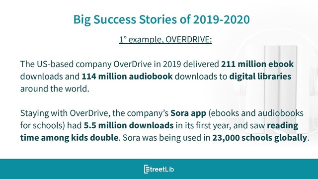 9
Big Success Stories of 2019-2020
1° example, OVERDRIVE:
The US-based company OverDrive in 2019 delivered 211 million ebook
downloads and 114 million audiobook downloads to digital libraries
around the world.
Staying with OverDrive, the company’s Sora app (ebooks and audiobooks
for schools) had 5.5 million downloads in its first year, and saw reading
time among kids double. Sora was being used in 23,000 schools globally.
