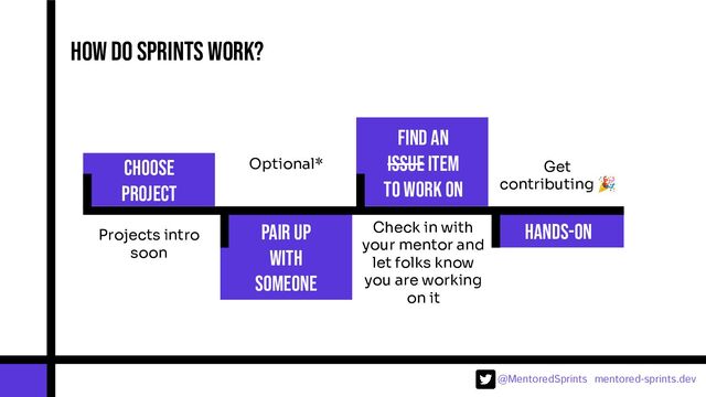 @MentoredSprints mentored-sprints.dev 
How do sprints work?
Choose
project
Pair up
with
someone
Find an
issue item
to work on
hands-on
Get
contributing 🎉
Check in with
your mentor and
let folks know
you are working
on it
Projects intro
soon
Optional*
