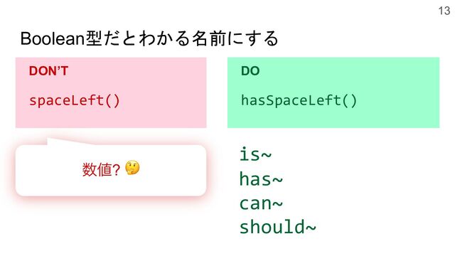 Boolean型だとわかる名前にする
DON’T
spaceLeft()
DO
hasSpaceLeft()
13
is~
has~
can~
should~
਺஋? 🤔
