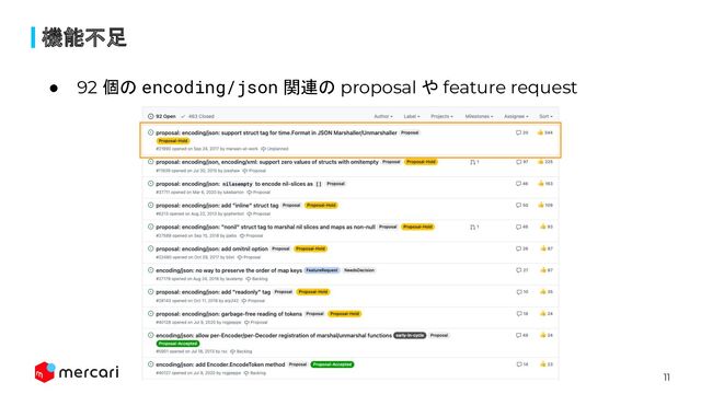 11
機能不足
● 92 個の encoding/json 関連の proposal や feature request
