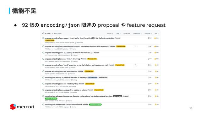 10
機能不足
● 92 個の encoding/json 関連の proposal や feature request
