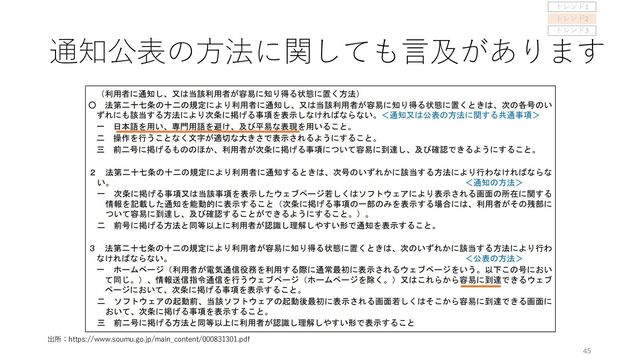 45
通知公表の⽅法に関しても⾔及があります
出所：https://www.soumu.go.jp/main_content/000831301.pdf
トレンド1
トレンド2
トレンド3
