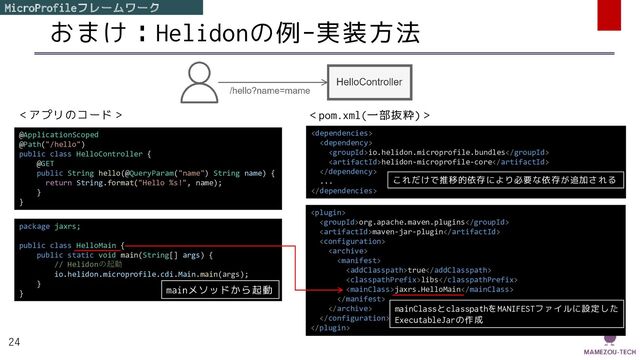 おまけ：Helidonの例-実装方法
24
@ApplicationScoped
@Path("/hello")
public class HelloController {
@GET
public String hello(@QueryParam("name") String name) {
return String.format("Hello %s!", name);
}
}
package jaxrs;
public class HelloMain {
public static void main(String[] args) {
// Helidonの起動
io.helidon.microprofile.cdi.Main.main(args);
}
}


io.helidon.microprofile.bundles
helidon-microprofile-core

...


org.apache.maven.plugins
maven-jar-plugin



true
libs
jaxrs.HelloMain




＜アプリのコード＞ ＜pom.xml(一部抜粋)＞
これだけで推移的依存により必要な依存が追加される
mainメソッドから起動
mainClassとclasspathをMANIFESTファイルに設定した
ExecutableJarの作成
MicroProfileフレームワーク
