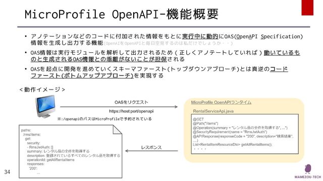 MicroProfile OpenAPI-機能概要
• アノテーションなどのコードに付加された情報をもとに実行中に動的にOAS(OpenAPI Specification)
情報を生成し出力する機能(OpenAIをOpenAPIと毎日空見するのは私だけでしょうか・・)
• OAS情報は実行モジュールを解析して出力されるため（正しくアノテートしていれば）動いているも
のと生成されるOAS情報との乖離がないことが担保される
• OASを起点に開発を進めていくスキーマファースト(トップダウンアプローチ)とは真逆のコード
ファースト(ボトムアップアプローチ)を実現する
34
＜動作イメージ＞
※:/openapiのパスはMicroProfileで予約されている
