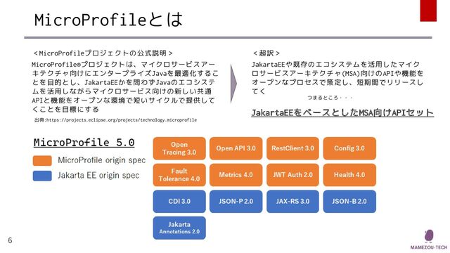 MicroProfileとは
6
MicroProfile®プロジェクトは、マイクロサービスアー
キテクチャ向けにエンタープライズJavaを最適化するこ
とを目的とし、JakartaEEかを問わずJavaのエコシステ
ムを活用しながらマイクロサービス向けの新しい共通
APIと機能をオープンな環境で短いサイクルで提供して
くことを目標にする
＜MicroProfileプロジェクトの公式説明＞
JakartaEEや既存のエコシステムを活用したマイク
ロサービスアーキテクチャ(MSA)向けのAPIや機能を
オープンなプロセスで策定し、短期間でリリースし
てく
＜超訳＞
JakartaEEをベースとしたMSA向けAPIセット
つまるところ・・・
出典:https://projects.eclipse.org/projects/technology.microprofile

