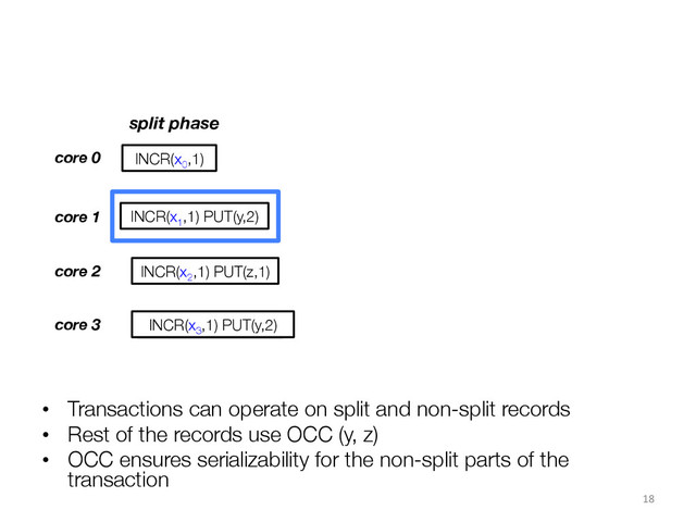 •  Transactions can operate on split and non-split records
•  Rest of the records use OCC (y, z)
•  OCC ensures serializability for the non-split parts of the
transaction
18	  
core 0
core 1
core 2
INCR(x0
,1)
INCR(x1
,1) PUT(y,2)
INCR(x2
,1) PUT(z,1)
core 3 INCR(x3
,1) PUT(y,2)
split phase
