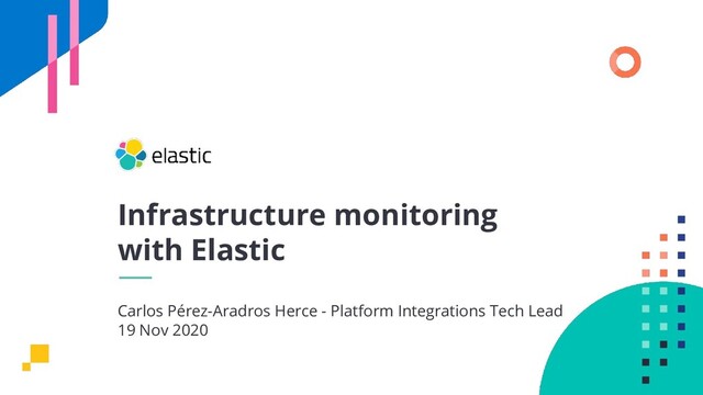 Infrastructure monitoring
with Elastic
Carlos Pérez-Aradros Herce - Platform Integrations Tech Lead
19 Nov 2020
