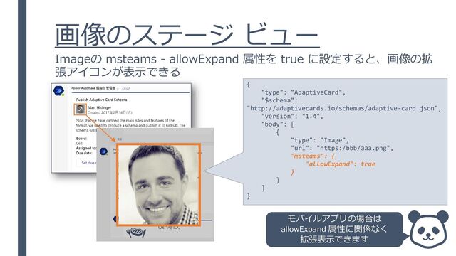 画像のステージ ビュー
Imageの msteams - allowExpand 属性を true に設定すると、画像の拡
張アイコンが表示できる
モバイルアプリの場合は
allowExpand 属性に関係なく
拡張表示できます
{
"type": "AdaptiveCard",
"$schema":
"http://adaptivecards.io/schemas/adaptive-card.json",
"version": "1.4",
"body": [
{
"type": "Image",
"url": "https:/bbb/aaa.png",
"msteams": {
"allowExpand": true
}
}
]
}
