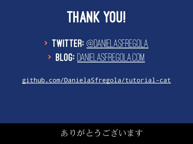 THANK YOU!
> Twitter: @DanielaSfregola
> Blog: danielasfregola.com
github.com/DanielaSfregola/tutorial-cat
