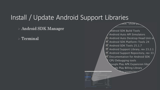 Install / Update Android Support Libraries
Ø Android SDK Manager
Ø Terminal
