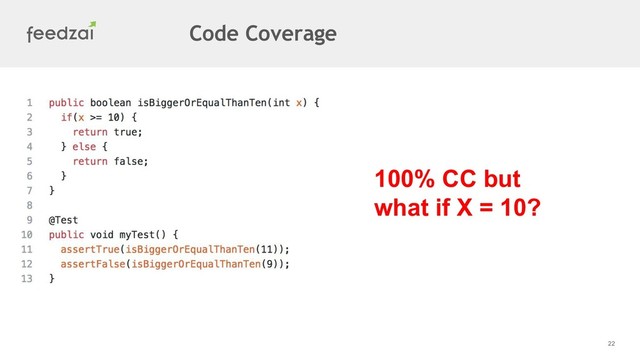 22
100% CC but
what if X = 10?
Code Coverage
