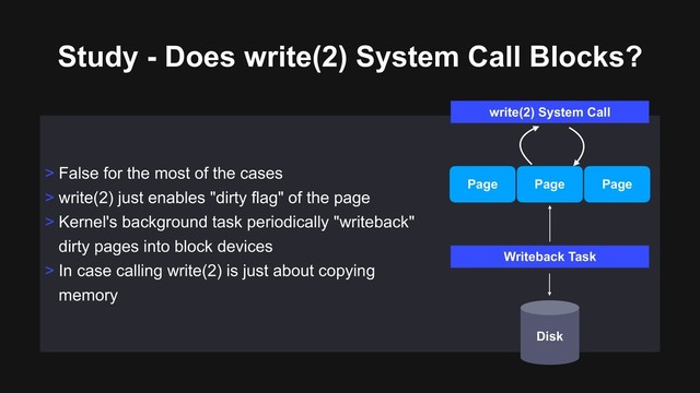 Study - Does write(2) System Call Blocks?
> False for the most of the cases
> write(2) just enables "dirty flag" of the page
> Kernel's background task periodically "writeback"
dirty pages into block devices
> In case calling write(2) is just about copying
memory
write(2) System Call
Page Page Page
Writeback Task
Disk
