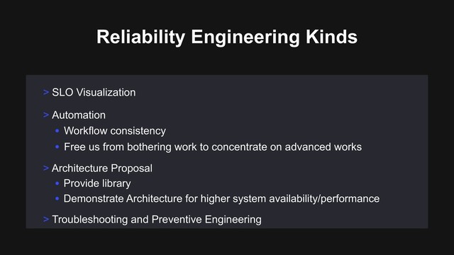 > SLO Visualization
Reliability Engineering Kinds
> Automation
• Workflow consistency
• Free us from bothering work to concentrate on advanced works
> Architecture Proposal
• Provide library
• Demonstrate Architecture for higher system availability/performance
> Troubleshooting and Preventive Engineering
