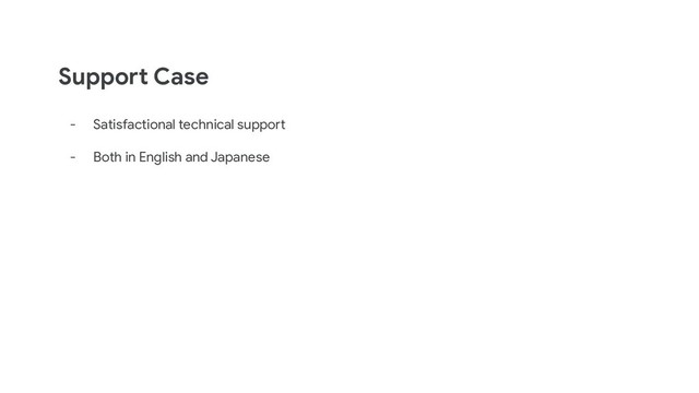 Support Case
- Satisfactional technical support
- Both in English and Japanese
