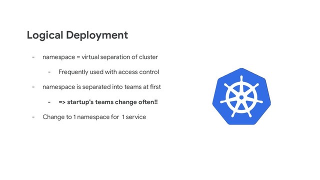 Logical Deployment
- namespace = virtual separation of cluster
- Frequently used with access control
- namespace is separated into teams at first
- => startup’s teams change often!!
- Change to 1 namespace for 1 service
