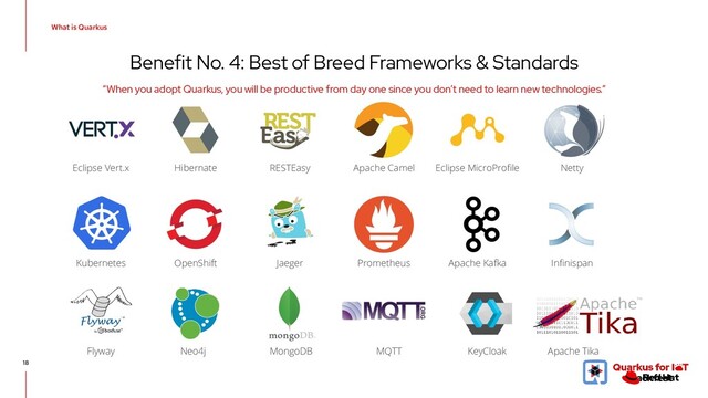 Benefit No. 4: Best of Breed Frameworks & Standards
18
“When you adopt Quarkus, you will be productive from day one since you don’t need to learn new technologies.”
Eclipse Vert.x Hibernate RESTEasy Apache Camel Eclipse MicroProﬁle Netty
Kubernetes OpenShift Jaeger Prometheus Apache Kafka Inﬁnispan
Flyway Neo4j MongoDB MQTT KeyCloak Apache Tika
What is Quarkus
