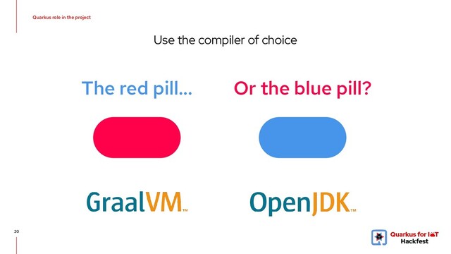 Quarkus role in the project
Use the compiler of choice
The red pill... Or the blue pill?
20
