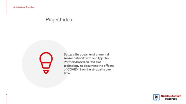 6
Project idea
Setup a European environmental
sensor network with our App Dev
Partners based on Red Hat
technology to document the effects
of COVID-19 on the air quality over
time
Architectural Overview
