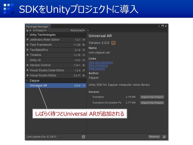 SDKをUnityプロジェクトに導⼊
しばらく待つとUniversal ARが追加される
