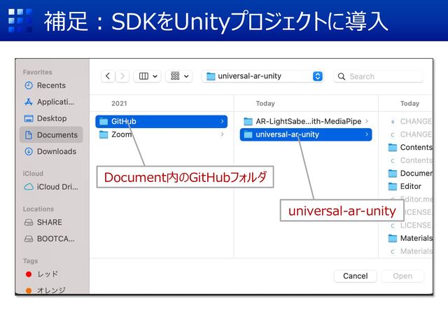 補⾜︓SDKをUnityプロジェクトに導⼊
Document内のGitHubフォルダ
universal-ar-unity
