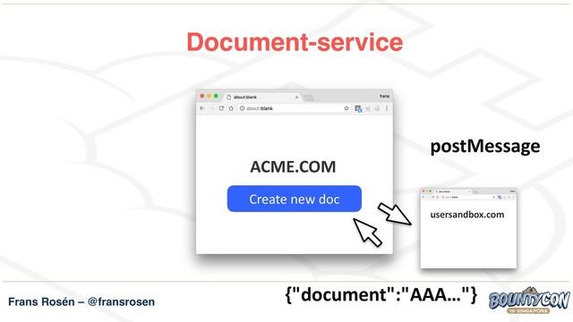 Frans Rosén – @fransrosen
Document-service
ACME.COM
Create new doc
usersandbox.com
postMessage
{"document":"AAA…"}
