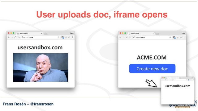Frans Rosén – @fransrosen
User uploads doc, iframe opens
usersandbox.com
ACME.COM
Create new doc
usersandbox.com
