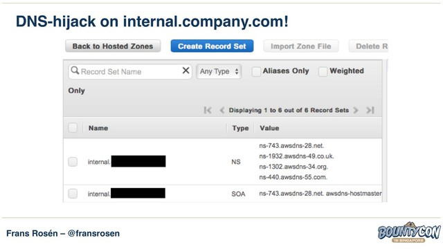 Frans Rosén – @fransrosen
DNS-hijack on internal.company.com!
